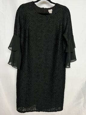 Chico's Black Lace Sheath Knee Dress Tiered Ruffle Sleeves Sz M (1.5) Lining
